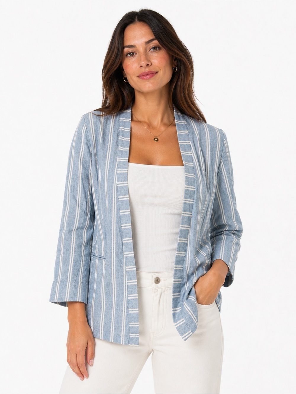 Chico's Blue and White Striped Cotton Blazer